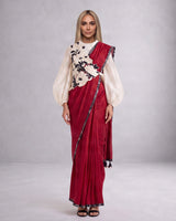 Manali Pre-Draped Saree Bishop Blouse and Bib Three-Piece Set - Three-Piece Set - Mizyana