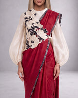 Manali Pre-Draped Saree Bishop Blouse and Bib Three-Piece Set - Three-Piece Set - Mizyana