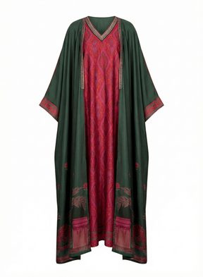 Manzare Bottle Green Cape and Fuchsia Printed Gown Two-Piece Set - Two-Piece Set - Mizyana