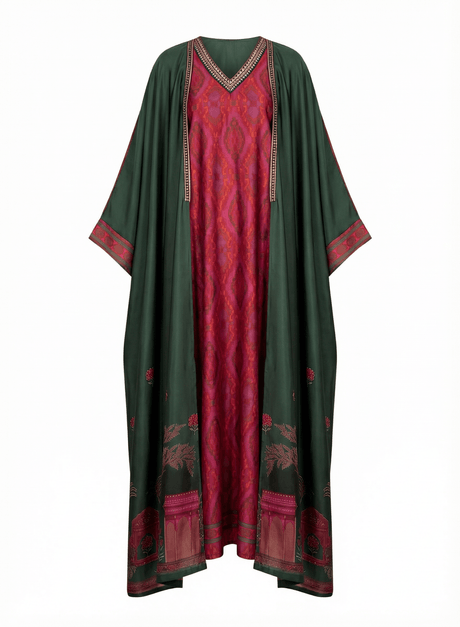 Manzare Bottle Green Cape and Fuchsia Printed Gown Two-Piece Set - Two-Piece Set - Mizyana
