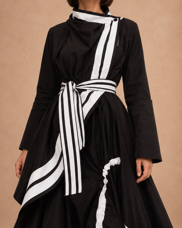 Mara Black Stripe Trim Cotton Shirt Jacket with Belt - Jacket - Mizyana