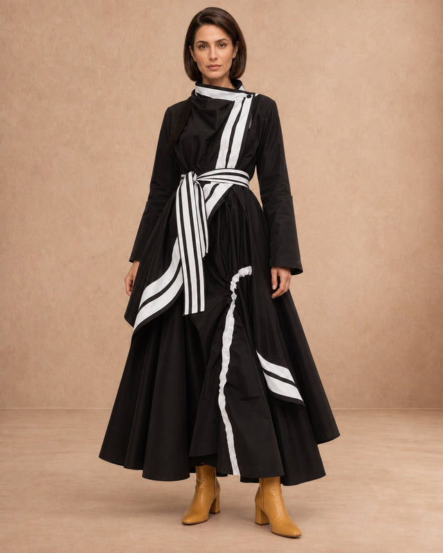 Mara Black Stripe Trim Cotton Shirt Jacket with Belt - Jacket - Mizyana