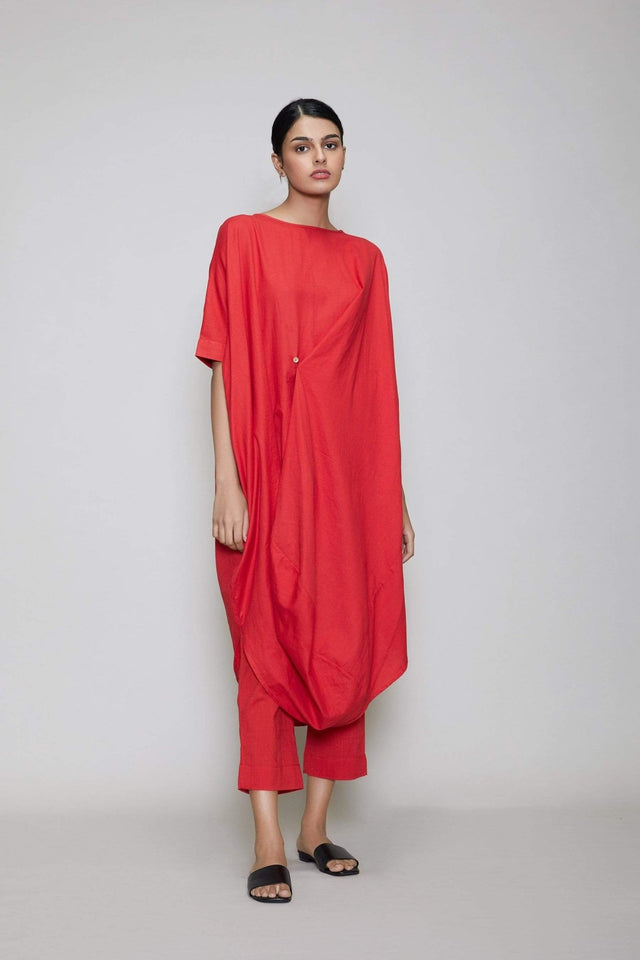 Mati Cowl Button Tunic Set - Red - Two-Piece Set - Mizyana