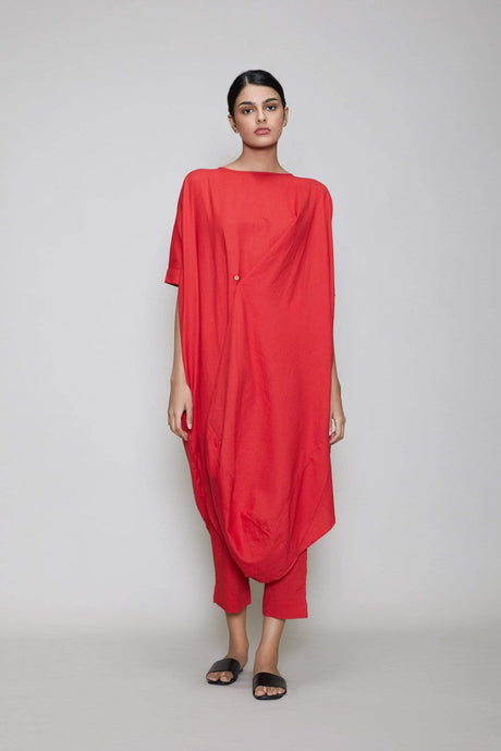 Mati Cowl Button Tunic Set Red from MATI, red draped cowl tunic with side buttons and cropped pants, front view