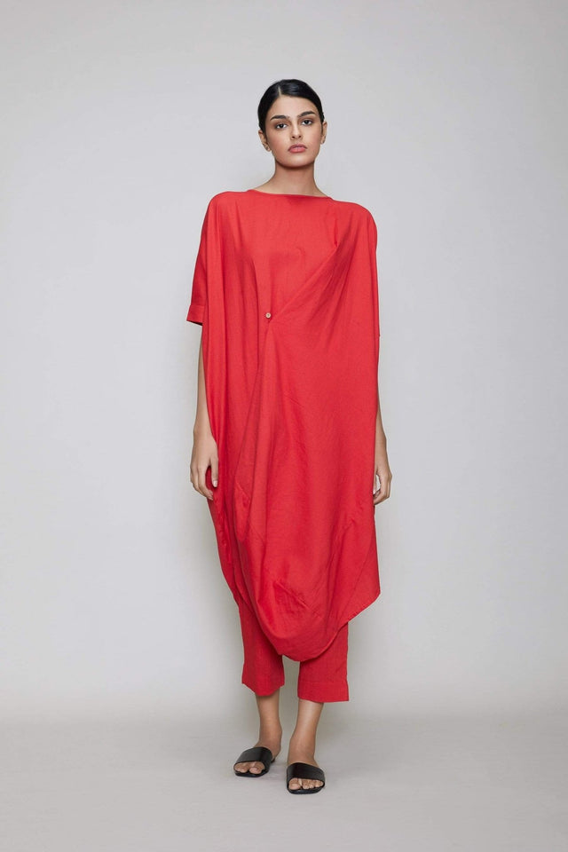 Mati Cowl Button Tunic Set - Red - Two-Piece Set - Mizyana
