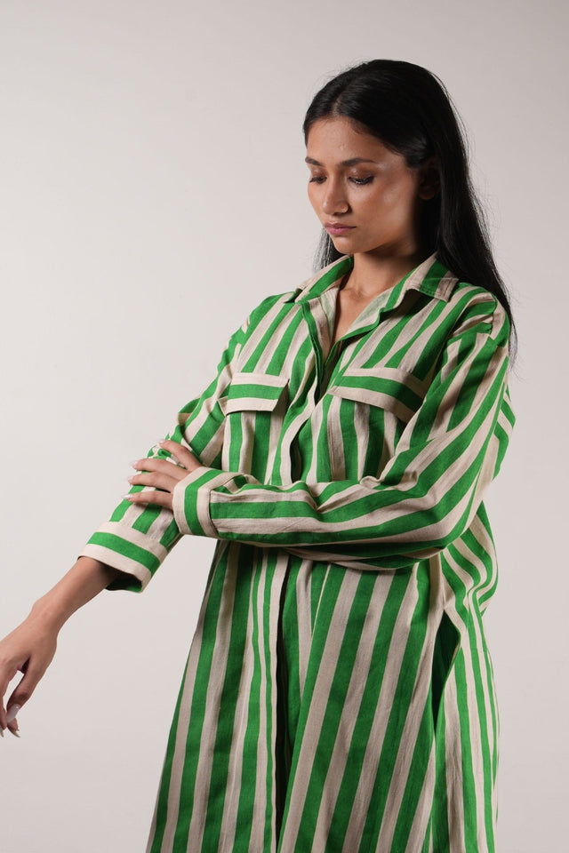Mati Green Striped Tunic Shirt Dress - Dress - Mizyana