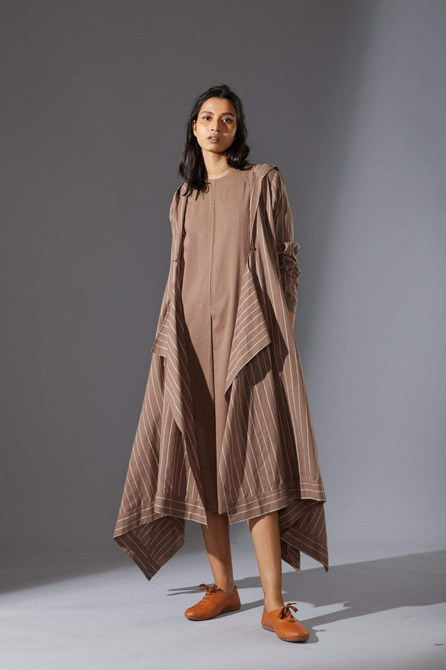 Mati Hooded Koza Beige Dress & Overlay Set - Dress - Mizyana