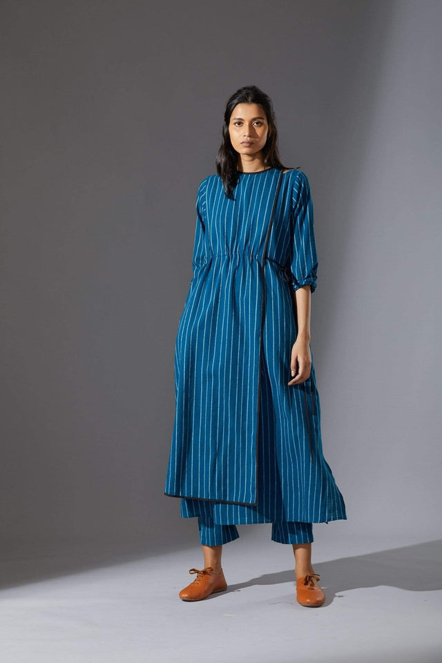 Mati Overlap Blue Striped Tunic Set with Pants - Two-Piece Set - Mizyana