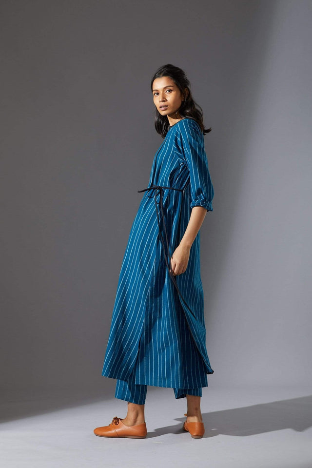Mati Overlap Blue Striped Tunic Set with Pants - Two-Piece Set - Mizyana