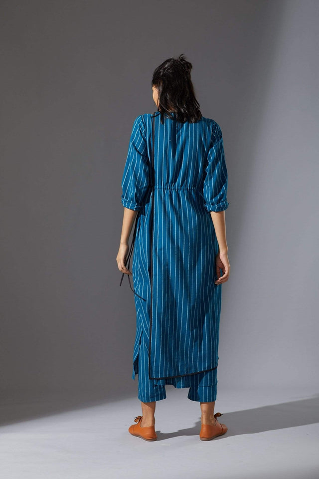 Mati Overlap Blue Striped Tunic Set with Pants - Two-Piece Set - Mizyana