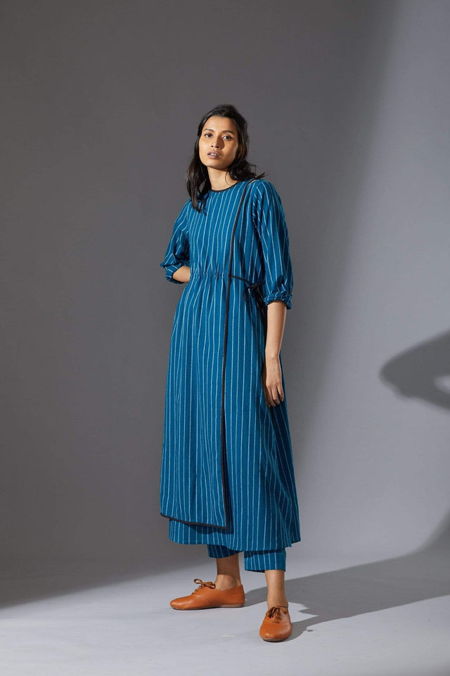 Mati Overlap Blue Striped Tunic Set with Pants - Two-Piece Set - Mizyana