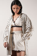 Mati Oversized Striped Shirt Set-Oatmeal (3 PCS) - Three-Piece Set - Mizyana