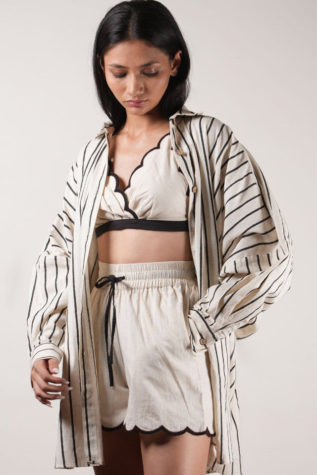 Mati Oversized Striped Shirt Set-Oatmeal (3 PCS) - Three-Piece Set - Mizyana