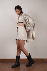 Mati Oversized Striped Shirt Set-Oatmeal (3 PCS) - Three-Piece Set - Mizyana