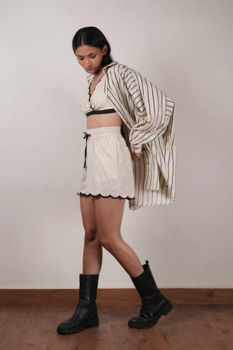 Mati Oversized Striped Shirt Set-Oatmeal (3 PCS) - Three-Piece Set - Mizyana