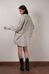 Mati Oversized Striped Shirt Set-Oatmeal (3 PCS) - Three-Piece Set - Mizyana