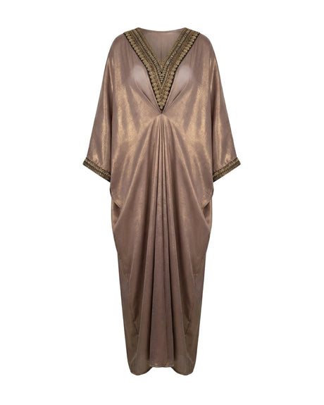 Mauve Shimmer Pleated Drape Kaftan with Zardosi Trim - Kaftan - Mizyana