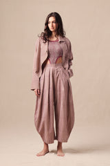 Mauve Striped Bodysuit Barrel Pants and Crop Jacket Co-Ord Set (3 PCS) - Three-Piece Set - Mizyana