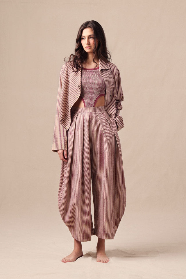 Mauve Striped Bodysuit Barrel Pants and Crop Jacket Co-Ord Set (3 PCS) - Three-Piece Set - Mizyana