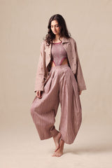 Mauve Striped Bodysuit Barrel Pants and Crop Jacket Co-Ord Set (3 PCS) - Three-Piece Set - Mizyana
