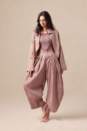 Mauve Striped Bodysuit Barrel Pants and Crop Jacket Co-Ord Set (3 PCS) - Three-Piece Set - Mizyana