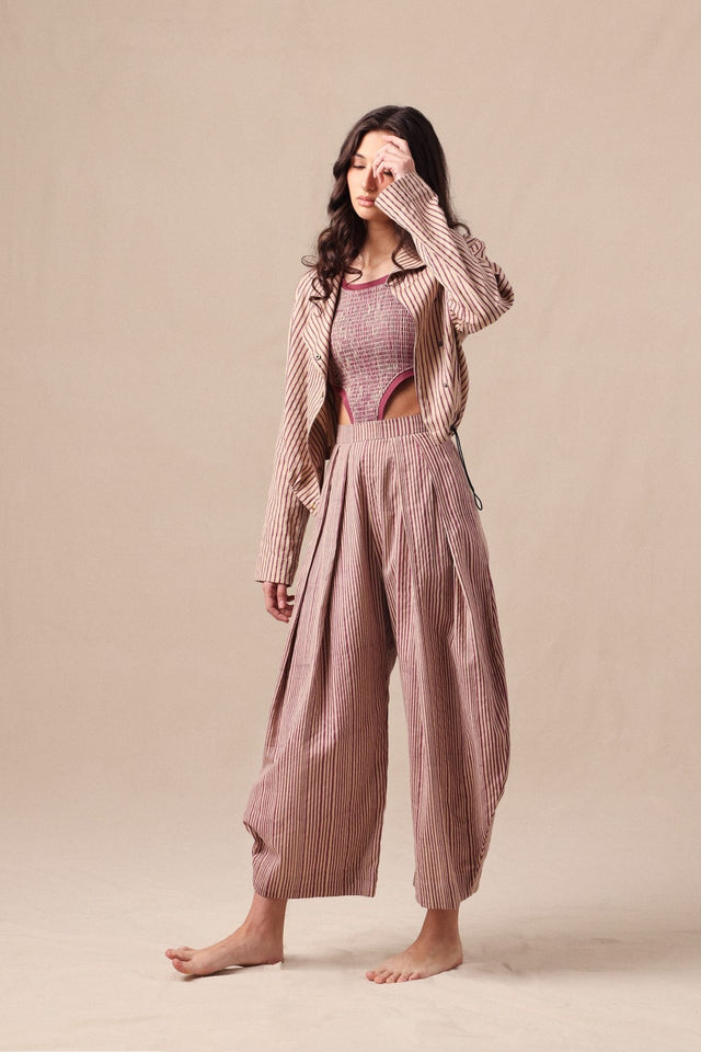 Mauve Striped Bodysuit Barrel Pants and Crop Jacket Co-Ord Set (3 PCS) - Three-Piece Set - Mizyana