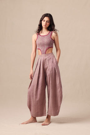 Mauve Striped Bodysuit & Barrel Pants Co-Ord Set (2 PCS) - Co-ord Set - Mizyana
