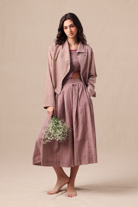 Mauve Striped Bodysuit Box Pleated Skirt and Crop Jacket Co-Ord Set (3 PCS) - Three-Piece Set - Mizyana