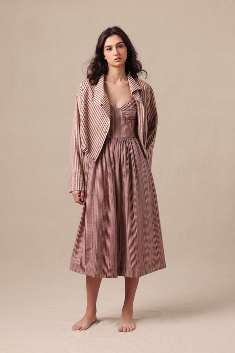 Model wearing the Mauve Striped Corset Dress & Crop Jacket Set with the jacket open, full length front view