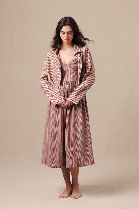 Mauve Striped Corset Dress & Crop Jacket Set by MATI, midi dress with gathered skirt under a jacket, front view