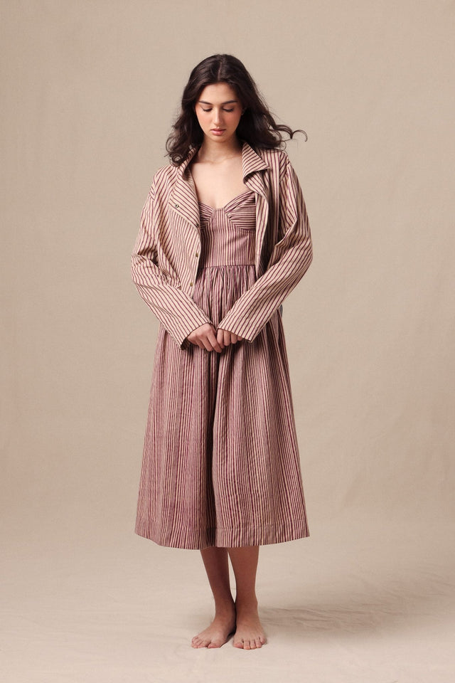 Mauve Striped Corset Dress & Crop Jacket Set (2 PCS) - Two-Piece Set - Mizyana