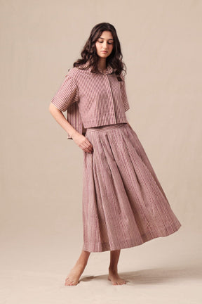 Mauve Striped Ekin Crop Shirt & Box Pleated Skirt Co-Ord Set (2 PCS) - Two-Piece Set - Mizyana