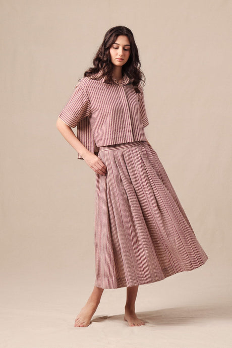 Mauve Striped Ekin Crop Shirt & Box Pleated Skirt Co-Ord Set by MATI, model wearing it three quarter view