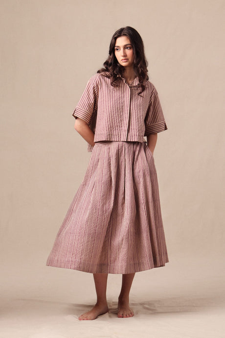 Model wearing the Mauve Striped Ekin Crop Shirt & Box Pleated Skirt set, full length front view