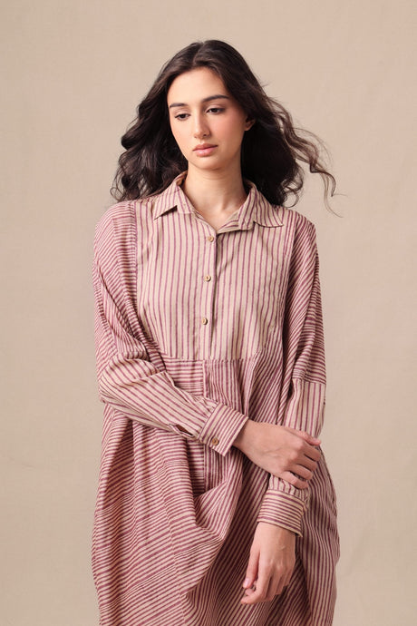 Close-up of the Mauve Striped Shirt Cowl Tunic collar, button placket and long cuffed sleeves