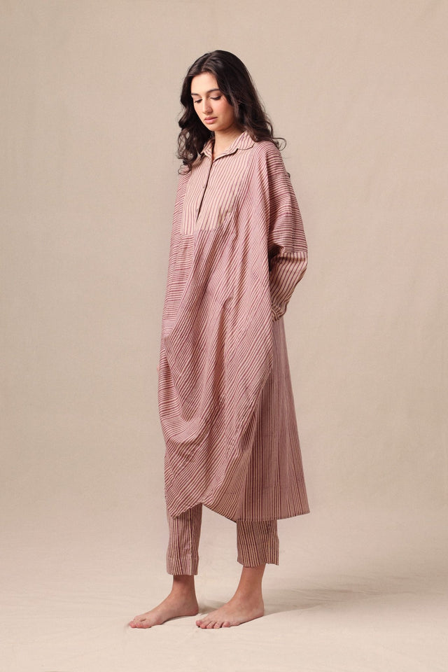 Mauve Striped Shirt Cowl Tunic & SE Pants Co-Ord Set (2 PCS) - Two-Piece Set - Mizyana