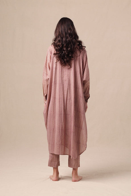 Back view of the Mauve Striped Shirt Cowl Tunic & SE Pants set showing the long draped tunic