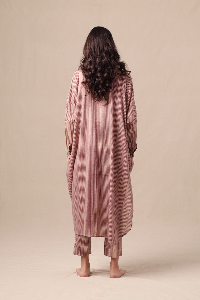 Mauve Striped Shirt Cowl Tunic & SE Pants Co-Ord Set (2 PCS) - Two-Piece Set - Mizyana