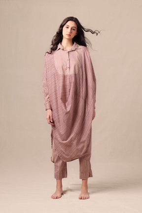 Mauve Striped Shirt Cowl Tunic & SE Pants Co-Ord Set (2 PCS) - Two-Piece Set - Mizyana