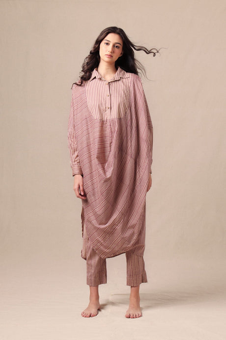Mauve Striped Shirt Cowl Tunic & SE Pants Co-Ord Set by MATI with draped cowl front, model front view