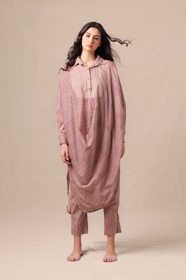 Mauve Striped Shirt Cowl Tunic & SE Pants Co-Ord Set (2 PCS) - Two-Piece Set - Mizyana