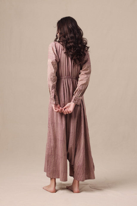 Back view of the Mauve Striped Shirt Sphara Jumpsuit showing the elasticated waist and wide legs