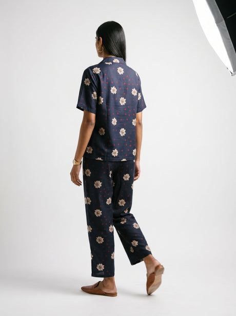 Back view of the May Black Modal Co-ord set with cream floral block print