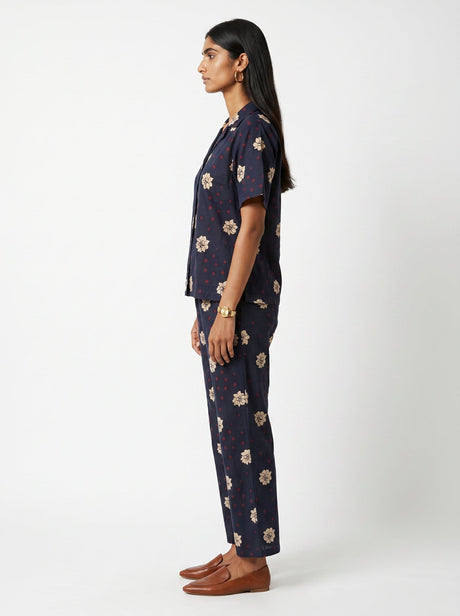 Side view of the May Black Modal Co-ord set showing the short sleeve shirt and straight pants
