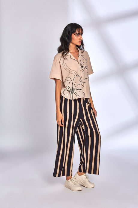 Meadow Co-ord Set with camp collar shirt and floral line embroidery, three quarter view
