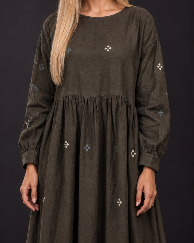 Meadow Olive Floral Handwoven Cotton Dress with Gathered Waist - Dress - Mizyana