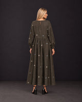 Meadow Olive Floral Handwoven Cotton Dress with Gathered Waist - Dress - Mizyana
