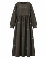 Meadow Olive Floral Handwoven Cotton Dress with Gathered Waist - Dress - Mizyana