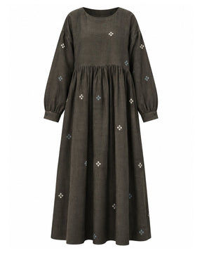Meadow Olive Floral Handwoven Cotton Dress with Gathered Waist - Dress - Mizyana