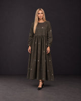 Meadow Olive Floral Handwoven Cotton Dress with Gathered Waist - Dress - Mizyana